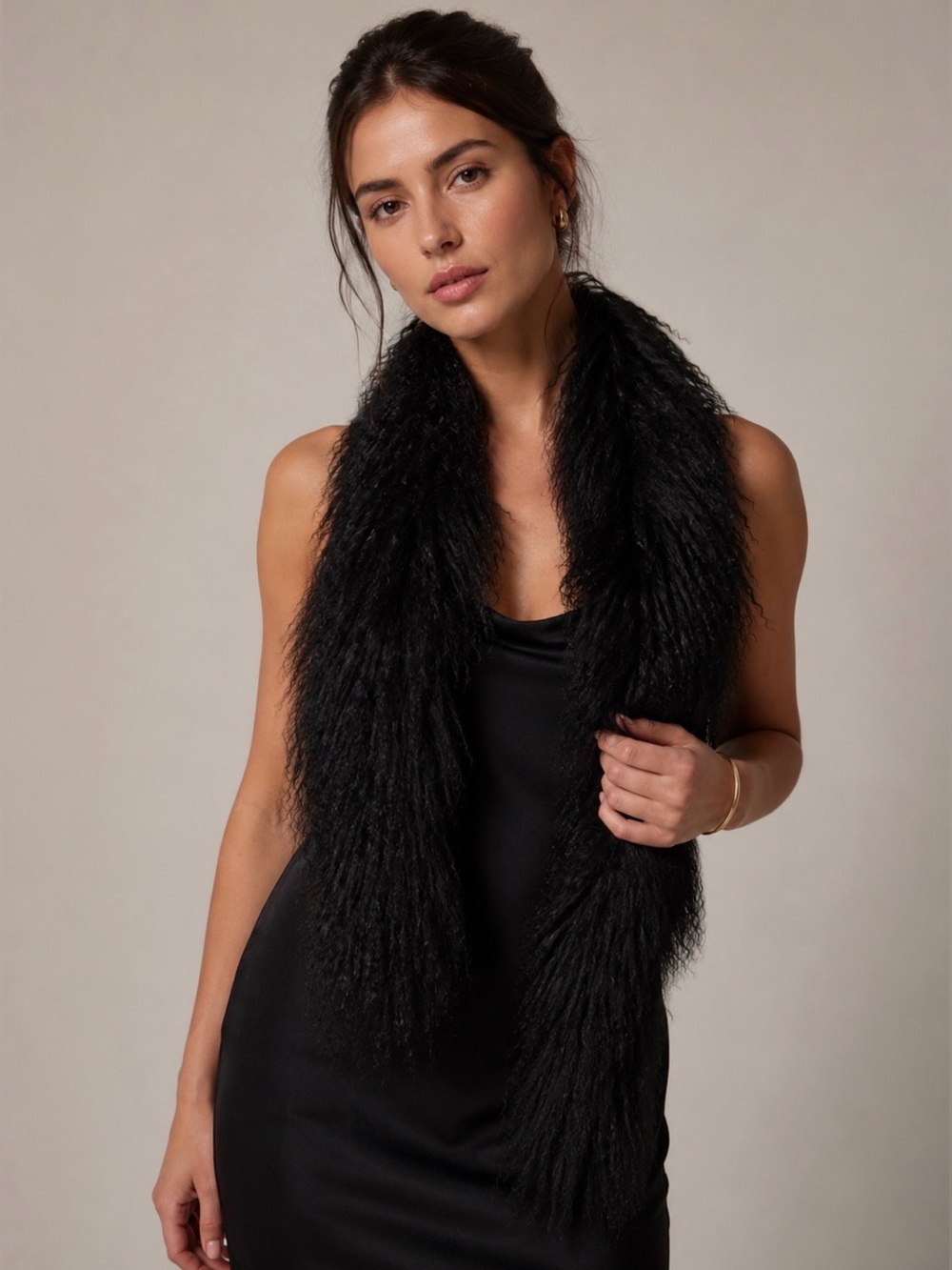 Vintage Adrienne Landau Genuine Black Curly Fur Scarf Wrap Stole Luxury 37”